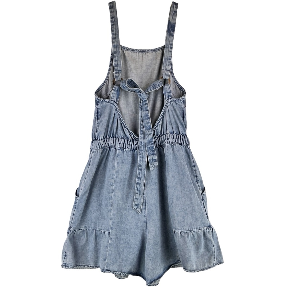 American Eagle Outfitters Blue Denim Romper Light Wash Ruffle Hem Sz S - Picture 2 of 10